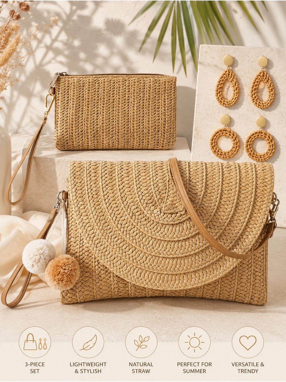 Natural Straw Crossbody Clutch Set - Tan